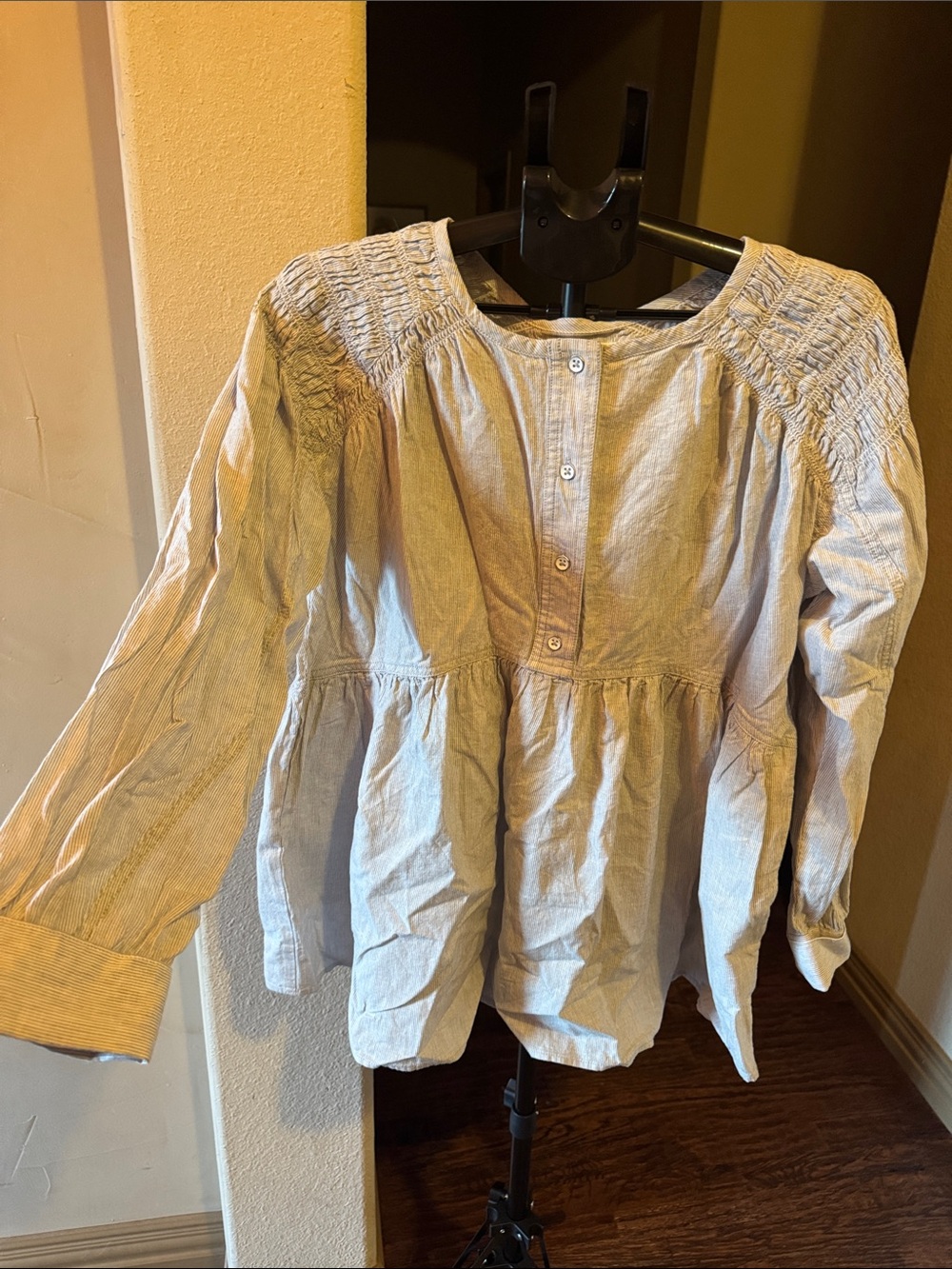 We The Free Light Cream & Lt Blue Smocked Yoke Button-Front Peasant Blouse